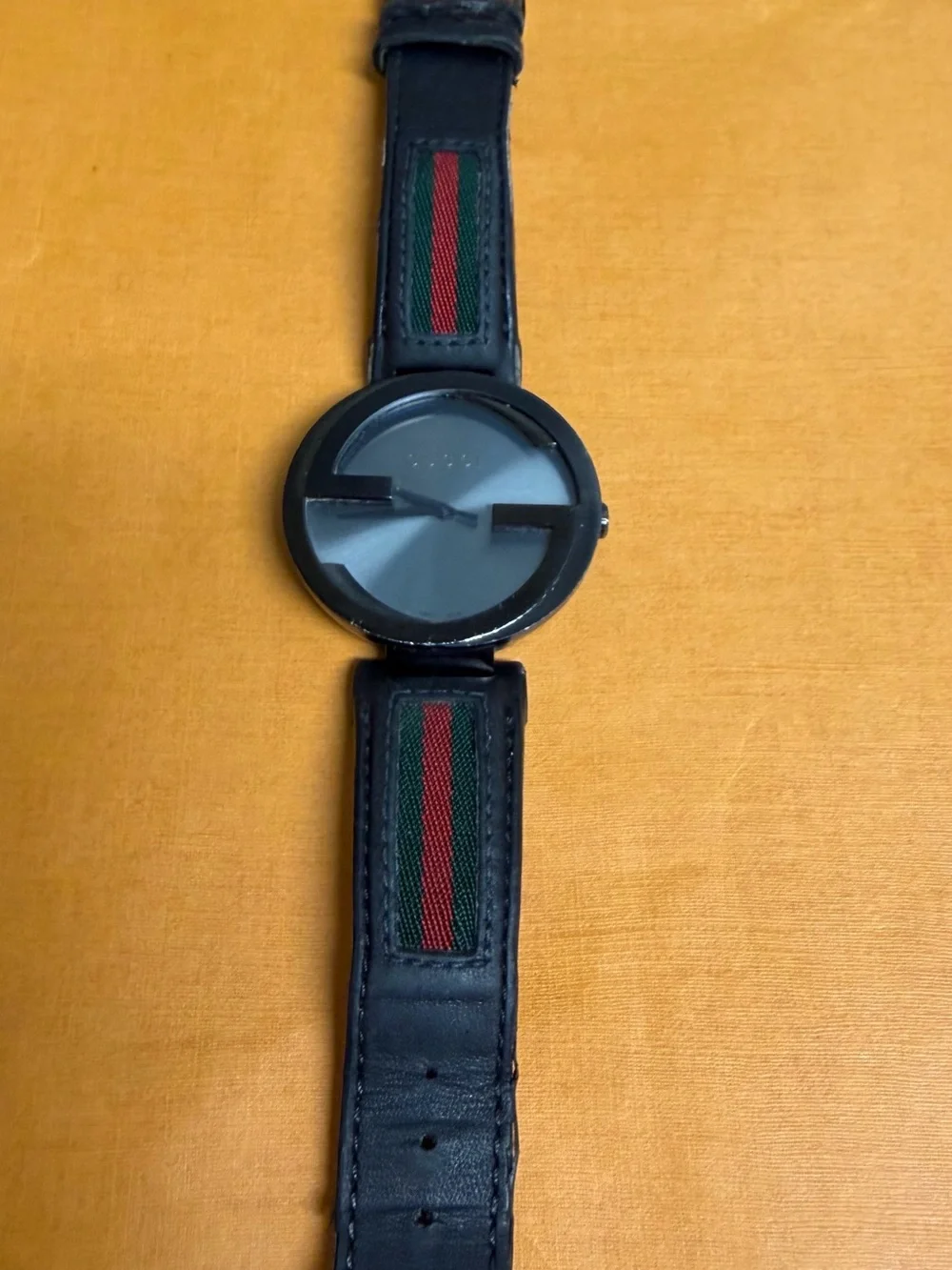 Gucci Men's Black Leather Strap Watch with Green-Red Accent